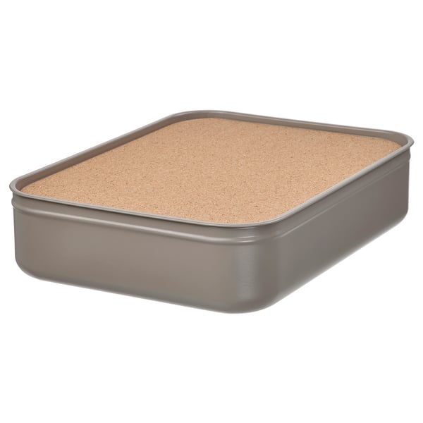 HARVMATTA Schreibtisch-Organizer aus Metall, silber mit Korkdeckel, quadratische Form, gepflegtes Design.