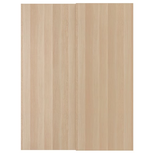 Eine HASVIK-Holztür in hellbeige. Horizontales Maserungsdesign, rechteckige Form. Hergestellt aus Spanplatte und Folie.