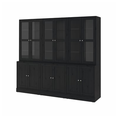 Schwarzes HAVSTA-Möbelset: dunkles Holz, Glastüren, Schränke.