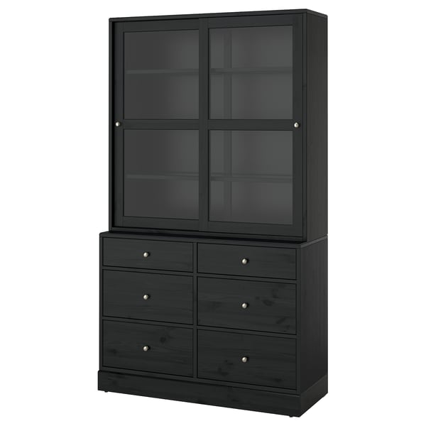 Schwarzer Holzschrank mit Glastüren und 6 Schubladen.