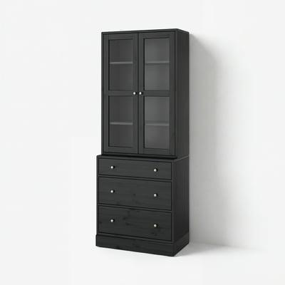 HAVSTA dunkelgrauer Holzschrank mit Glastüren zur Ausstellung und geschlossenen Schubladen zur Aufbewahrung.