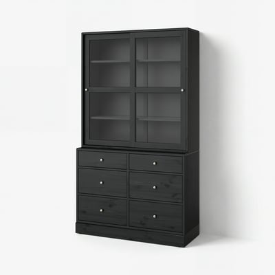 HAVSTA: Bücherregal aus dunklem Holz mit 6 Schubladen und Glastüren, rustikales Design und weich verschließende Schubladen.