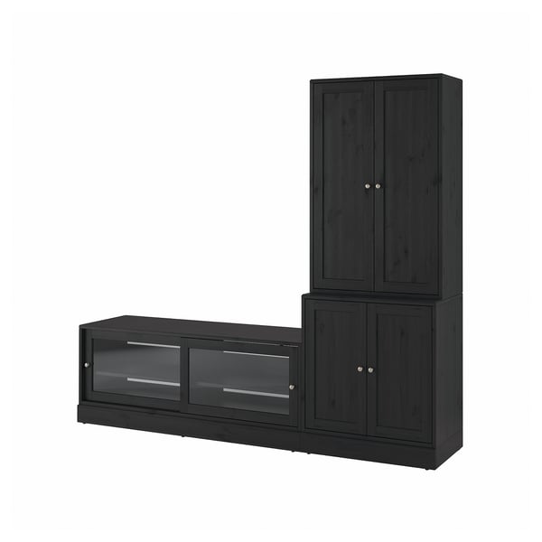 Unterhaltungszentrum aus dunklem Holz mit Hochschrank und TV-Ständer mit Glastüren und verstellbaren Regalen.