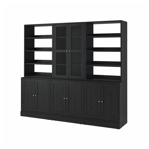Schwarzer HAVSTA-Aufbewahrungsschrank mit Glastüren, Kiefernholz, rechteckige Form, klassisches Design.