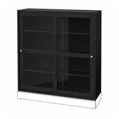 Schwarzer HAVSTA-Glastürschrank mit dunklem Holzrahmen und Regalen. Quadratische Form, schlichtes und modernes Design.