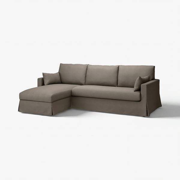 Graues, L-förmiges Ecksofa, modernes Design, weiche Polster, nach links gerichtete Chaiselongue.