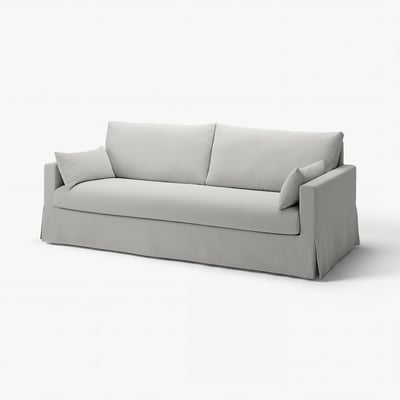 Hellgraues HYLTARP-Sofa, modernes Design, bequeme Sitzgelegenheiten, Holzrahmen, gepolsterte Rückenlehne und Sitze, weicher Stoffbezug mit klaren Linien.