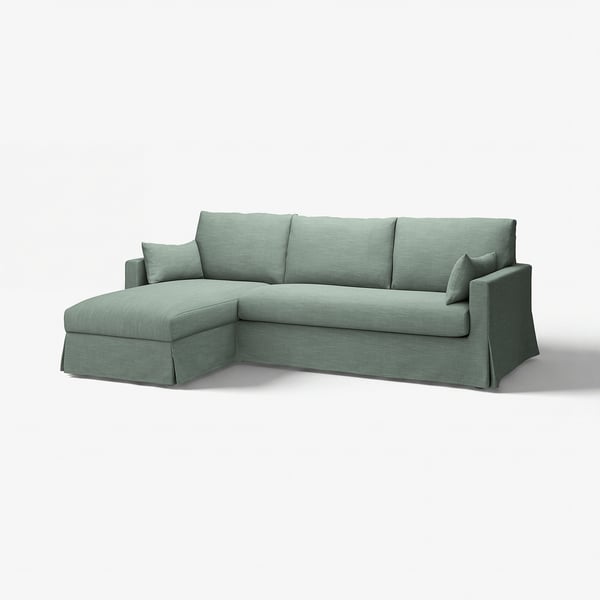 Modernes grünes Ecksofa, L-förmig, langlebiger Stoff, minimalistisches Design.