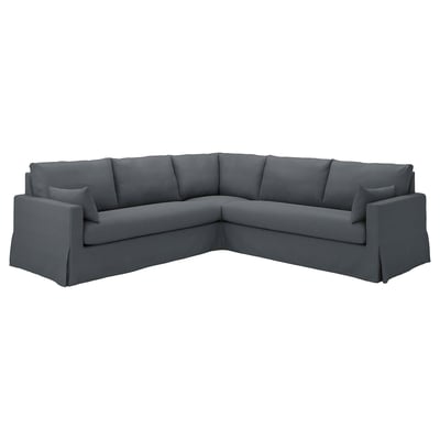 Eckcouch, grau, modernes Design mit klaren Linien, weiche Kissen.