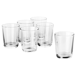Sechs transparente, zylindrische IKEA 365+ Trinkgläser in verschiedenen Größen aus gehärtetem Glas, ordentlich angeordnet für die Präsentation.