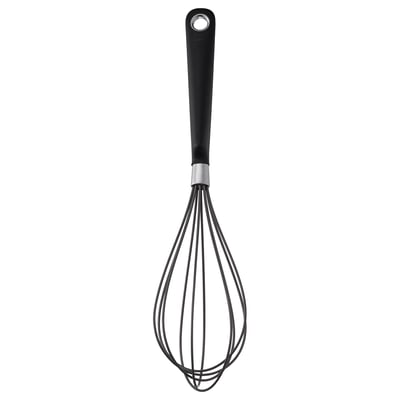 Schwarzer Silikon-Ikea-Schneebesen mit Edelstahldrähten und einem bequemen Griff für den sicheren Gebrauch in der Küche.