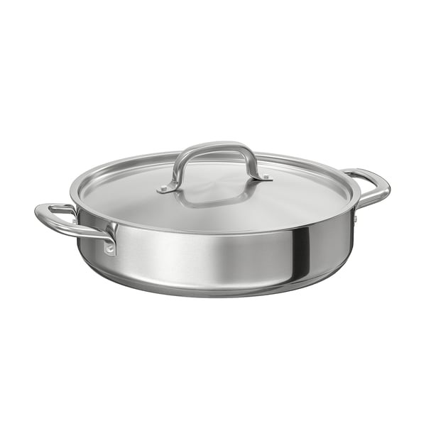 Silberne IKEA 365+ Sauteuse aus Edelstahl mit Deckel.