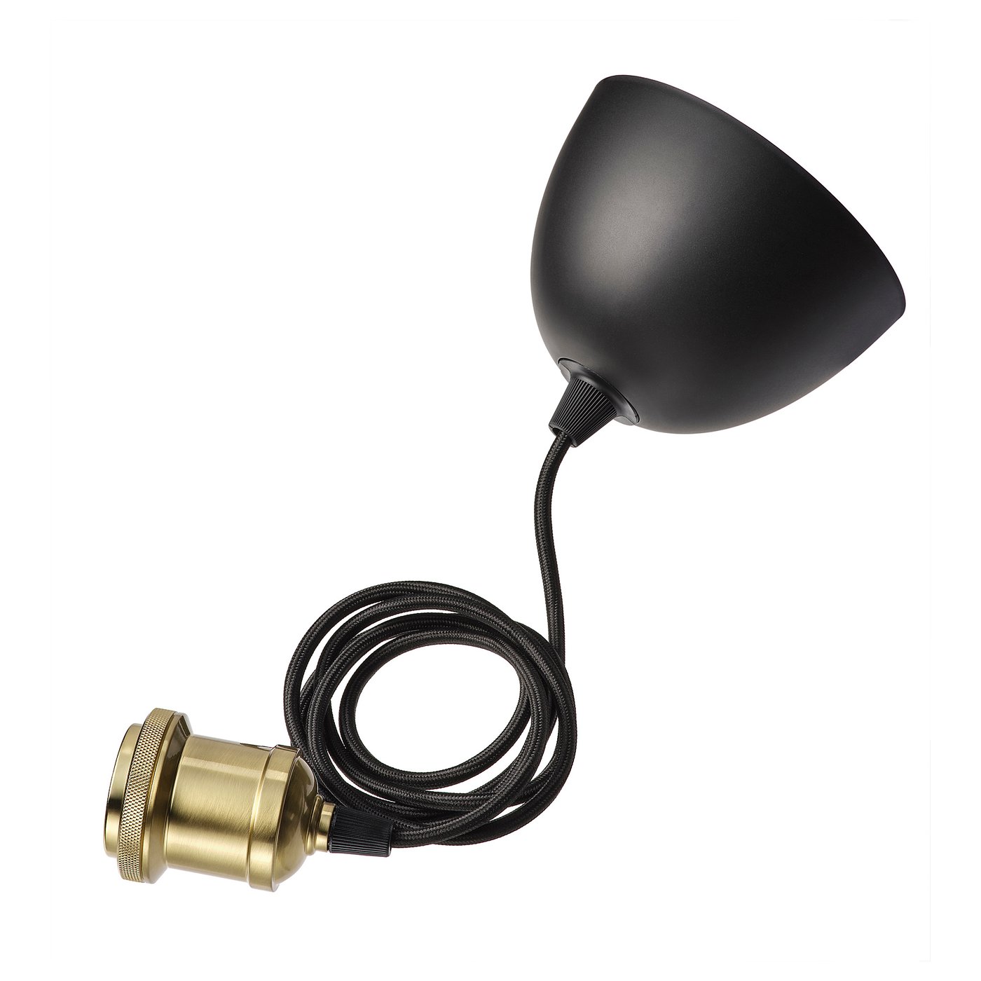 Dieses Bild ist eine schwarze Schreibtischlampe von JÄLLBY mit goldenem Sockel, flexiblem Kabel und schlankem Design.