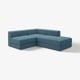 Blaues L-förmiges moduläres Sofa mit einem weichen, entspannten Design und Aufbewahrungsfächern, das Komfort und Praktikabilität bietet.