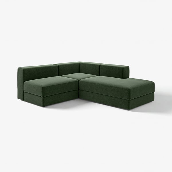 Modernes grünes Ecksofa mit klaren Linien und tiefen Sitzen, perfekt für Komfort und Geselligkeit.
