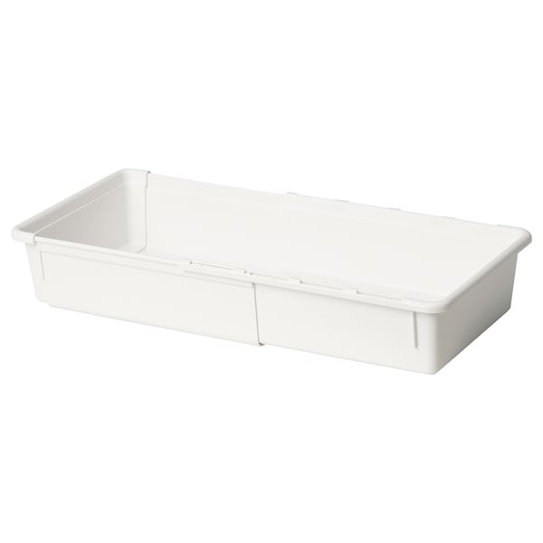 Eine ausziehbare Aufbewahrungsbox aus weißem KACKLA Kunststoff. Die Box ist rechteckig, einfach im Design und aus PP-Kunststoff gefertigt. Es kann von 25-38 cm verstellt werden.