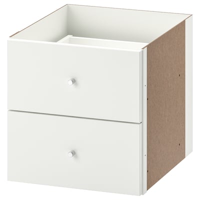 Ikea KALLAX weißer Schubladenschrank, quadratische Form, Design mit zwei Schubladen, aus Faserplatten und Spanplatten, moderne Aufbewahrungslösung für das Dekor.