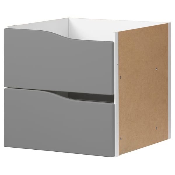 Graues KALLAX Regal mit 2 Schubladen, schlankes Design.
