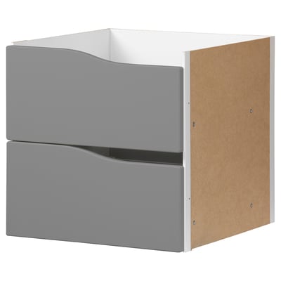 Graues KALLAX Regal mit 2 Schubladen, schlankes Design.