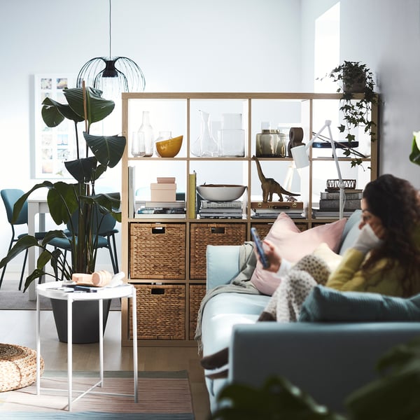 Ein gemütliches Wohnzimmer mit einem KALLAX-Regal, einem blauen Sofa und einer großen Pflanze.