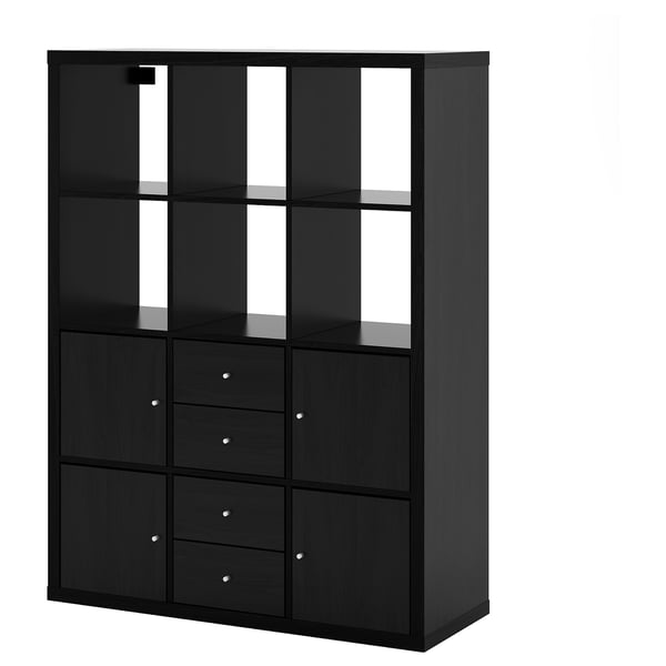 Schwarzes KALLAX Regal, modernes, rechteckiges Design. Vier untere Schubladen, sechs offene Einlegeböden.