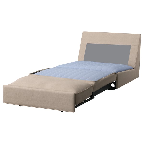 KIVIK Schlafsofa, beige, kompakt mit blauem Kissen.