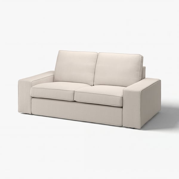 KIVIK beige Sofa, hellgrauer Stoff, niedrige Armlehnen, Taschenfederhalterung, bequeme Sitzgelegenheit.