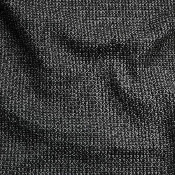 Nahaufnahme aus strukturiertem Stoff, grau mit leichtem Glanz, weicher Haptik, recyceltem Polyester und Baumwolle.