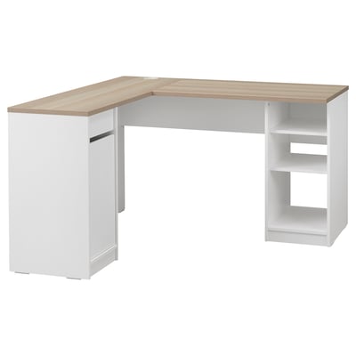 KJELLARNE Schreibtisch, weiß, L-Form, Holzplatte, verstellbare Regale, Schublade.