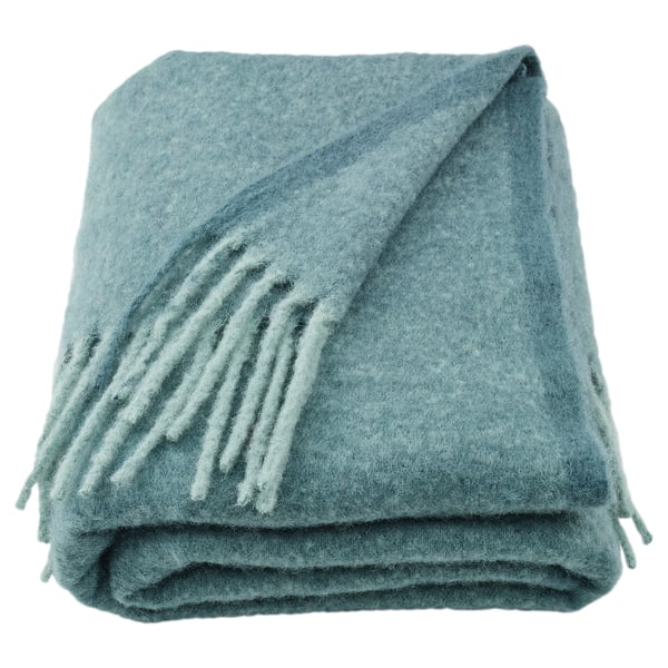 KLIPPOXEL - grau-türkiser Überwurf, weich, flauschig, recyceltes Polyester, leichte, rechteckige Form, Fransenkanten.