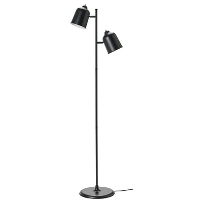Schwarze doppelköpfige Stehleuchte, modernes Design mit verstellbaren Schirmen für die Arbeitsbeleuchtung.
