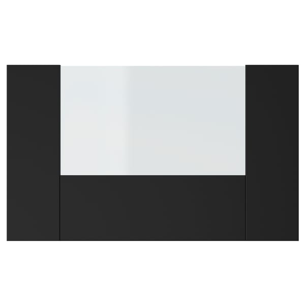 Schwarze rechteckige Schubladenfront, schlichtes, modernes Design mit Glasscheibe.