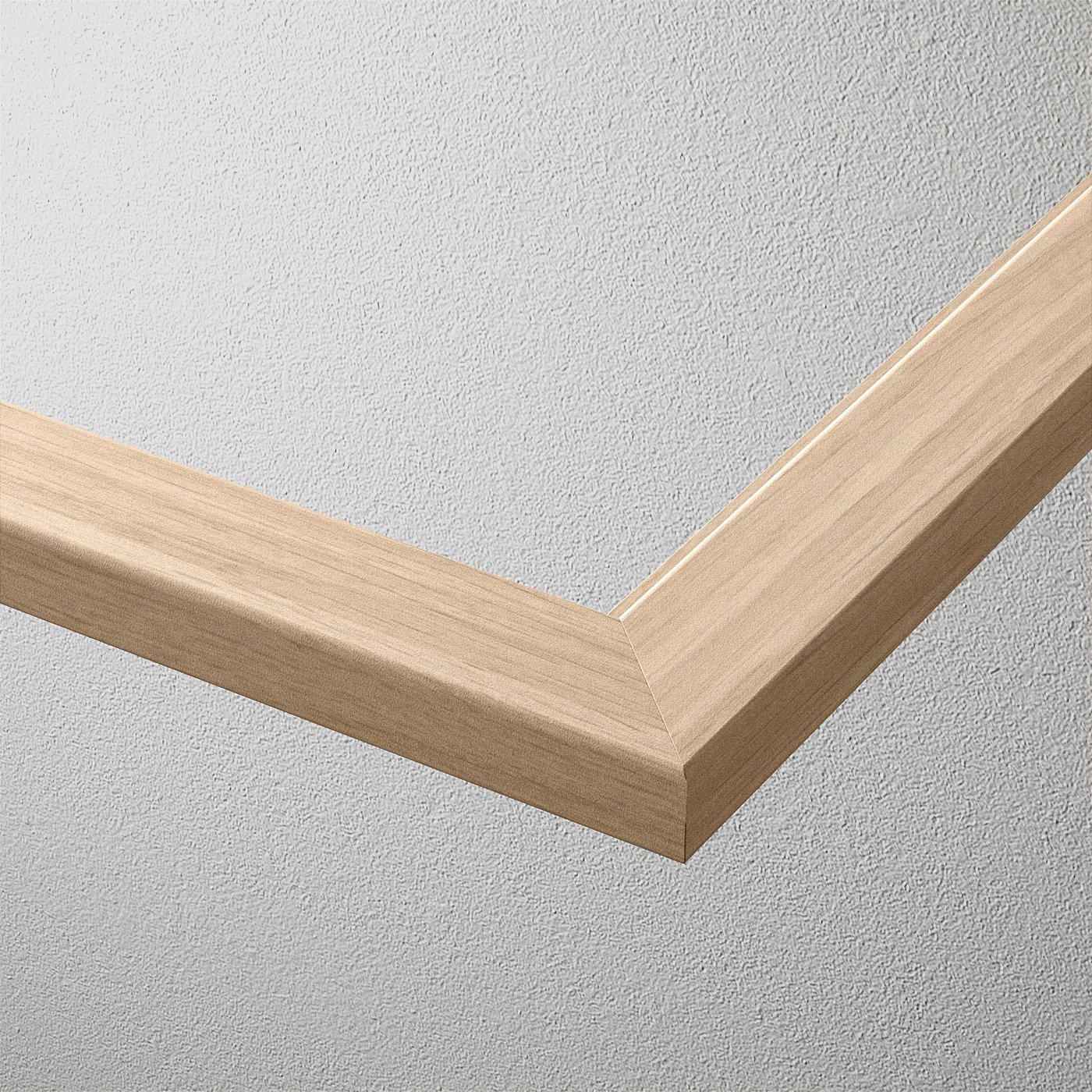 Nahaufnahme eines schlanken, modernen Rahmens. Helles Holz, glatte Oberfläche; zeigt handwerkliche Qualität.