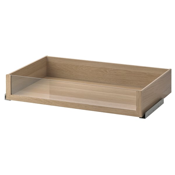 KOMPLEMENT Schublade mit Glasfront, helles Holz, rechteckige Form, Inhalt, Soft-Close-Mechanismus.