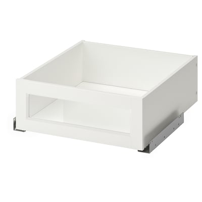 Weiße KOMPLEMENT-Schublade mit Front aus gehärtetem Glas, L-förmige Metallbeschläge.