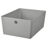 KUGGIS Aufbewahrungsbox aus grauem Kunststoff, rechteckige Form, ein Griffloch.