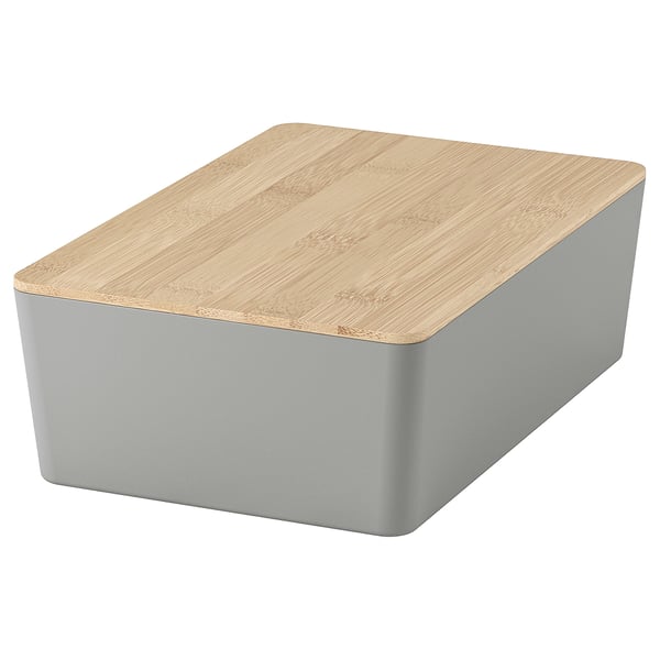 KUGGIS-Box: grau, rechteckig, Holzdeckel, Kunststoffboden, schlichtes Design.