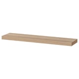 Ein IKEA LACK Wandregal in weißem/eichenfarbenem, rechteckigem, schlankem Design mit versteckten Halterungen.