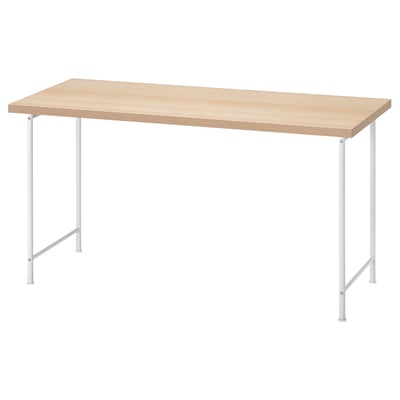 LAGKAPTEN Schreibtisch, hellbraune Platte, weiße Metallbeine, rechteckige Form, modernes Design.