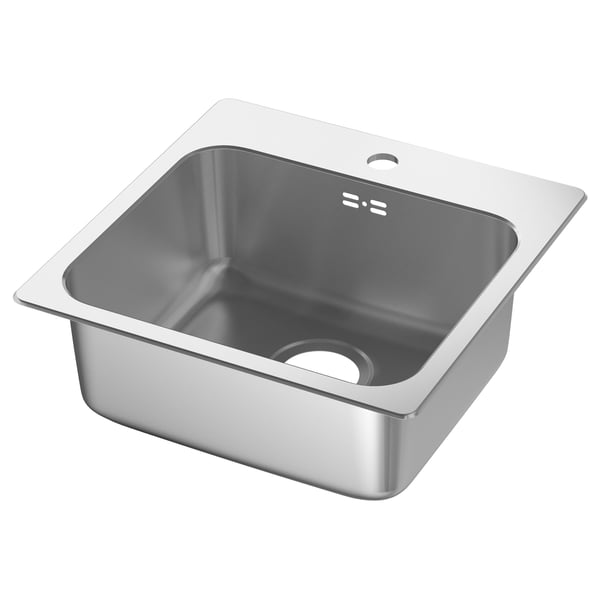 Eine schlanke LÅNGUDDEN-Spüle aus Edelstahl mit einem einzigen Wasserhahnloch. Sein modernes Design wird durch ein tiefes Becken abgerundet, das sich ideal für den Einsatz in der Küche eignet.