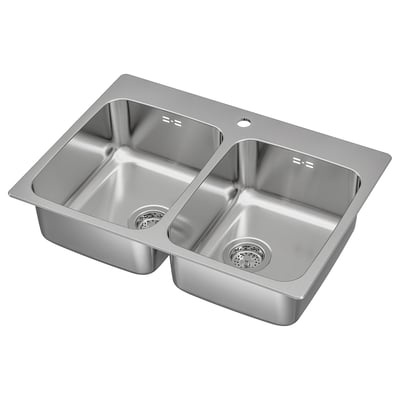 Doppelwaschbecken aus Edelstahl, modernes Design, tiefe Schalen, langlebiges Material.