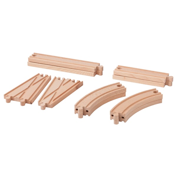 LILLABO Eisenbahnschienen-Set aus Holz, unbemalt, enthält gerade und gebogene Teile.