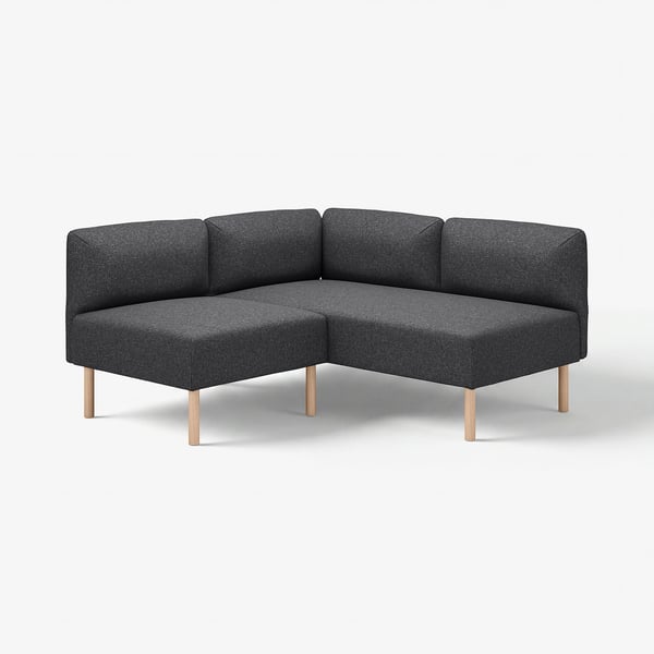 Modernes, dunkelgraues, l-förmiges LILLEHEM-Sofa, schlankes und minimalistisches Design mit Holzbeinen.