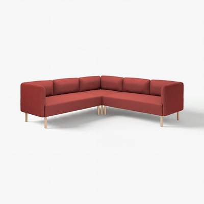 Modernes, rotes, modulares Sofa mit klaren Linien, Holzbeinen und schrägem Design.