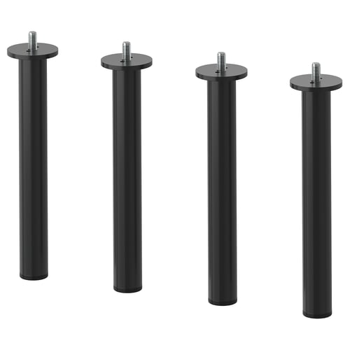 Vier schwarze Metallbeine für Möbel. Sie sind zylindrisch mit einer flachen, runden Oberseite, aus Stahl mit Epoxidbeschichtung, geeignet für modernes Design.