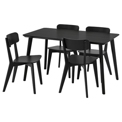 LISABO Esstisch-Set in Schwarz, schlankes skandinavisches Design. Vier Stühle mit Eschenfurnier und massiver Birke, hohe Rückenlehne.