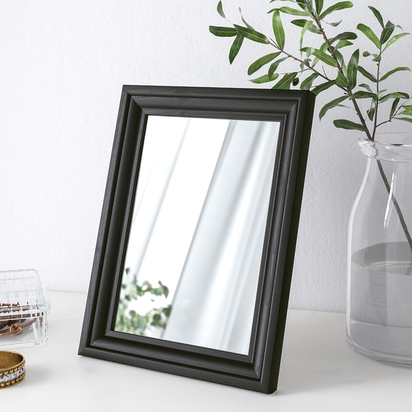 Spiegel mit schwarzem Rahmen, Pflanzen, Behälter, Schmuck, Wandmontage.