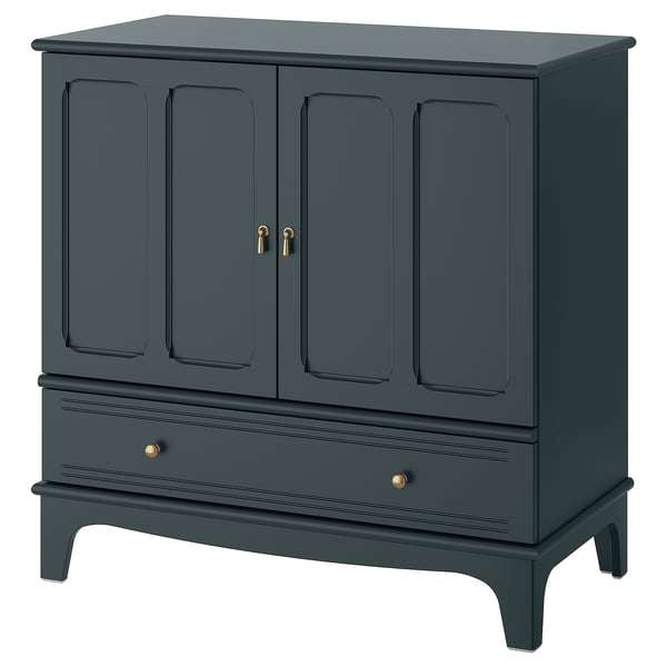 Ein dunkelgrüner LOMMRP-Schrank mit zwei Türen und einer Schublade mit traditionellen Designelementen und Soft-Close-Funktionalität.