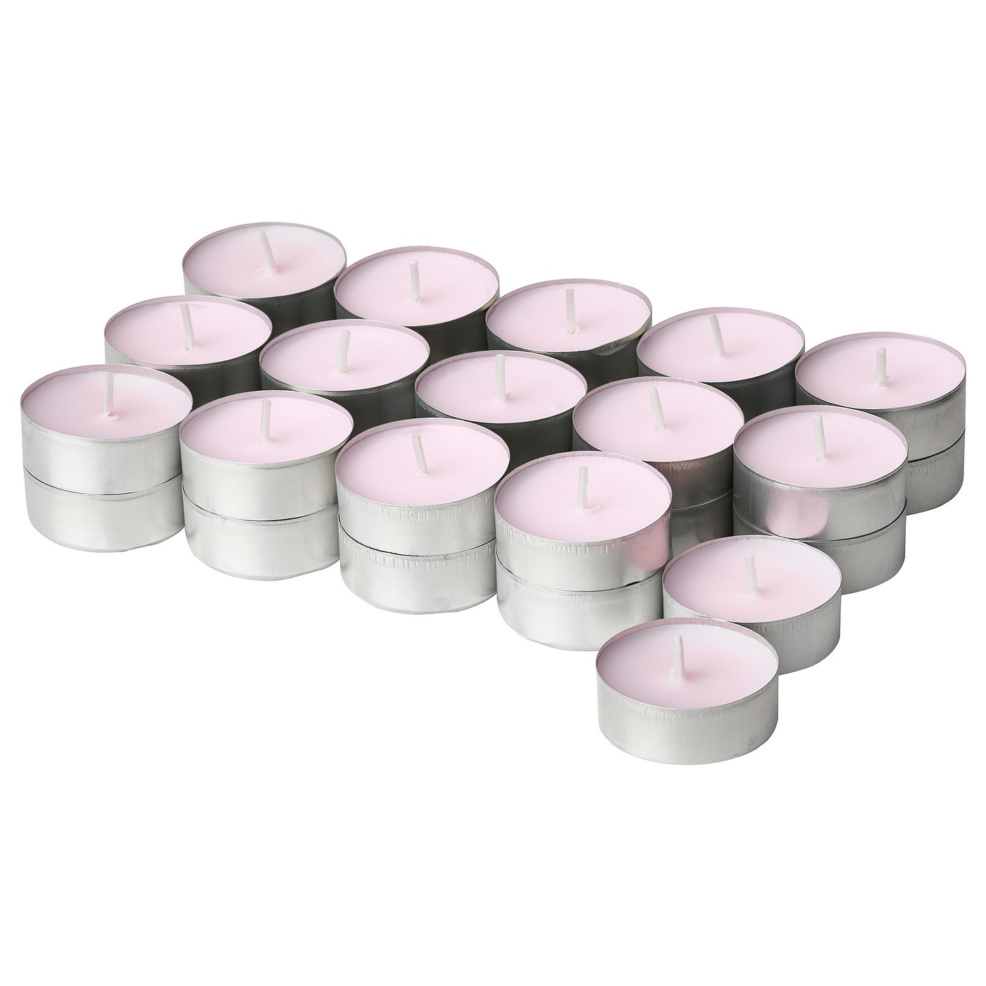 Gruppe von 20 rosa LUGNARE Duftkerzen in silbernen Bechern.