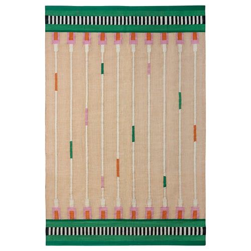 Teppich MÄVINN: beige Jute mit grünen Bordüren, Wollakzenten, rechteckigen, modernen Streifen.